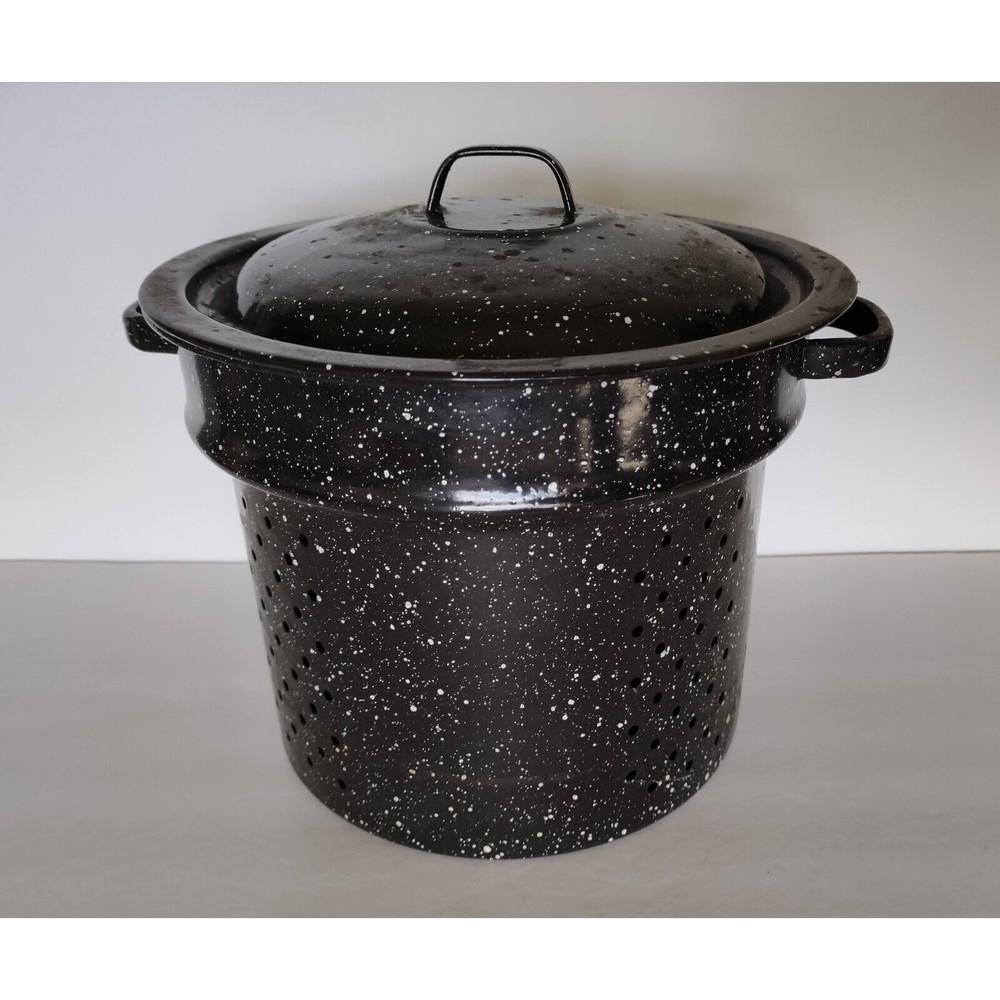 Vintage Black Speckled Enamel Graniteware Stock Pot Insert Colander Steamer Lid
